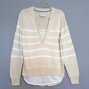 Brochu Walker Roan Layered Stripe Henley Sweater Size M Cotton Linen Coastal